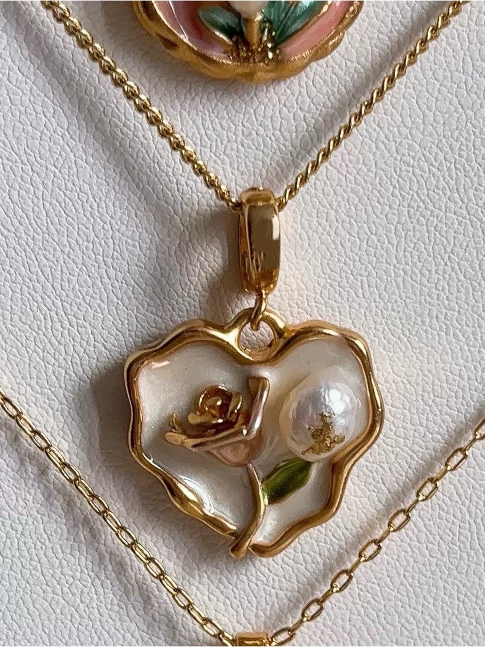 Gold Heart Floral Pendant Necklace with White Enamel and Pearl Accent